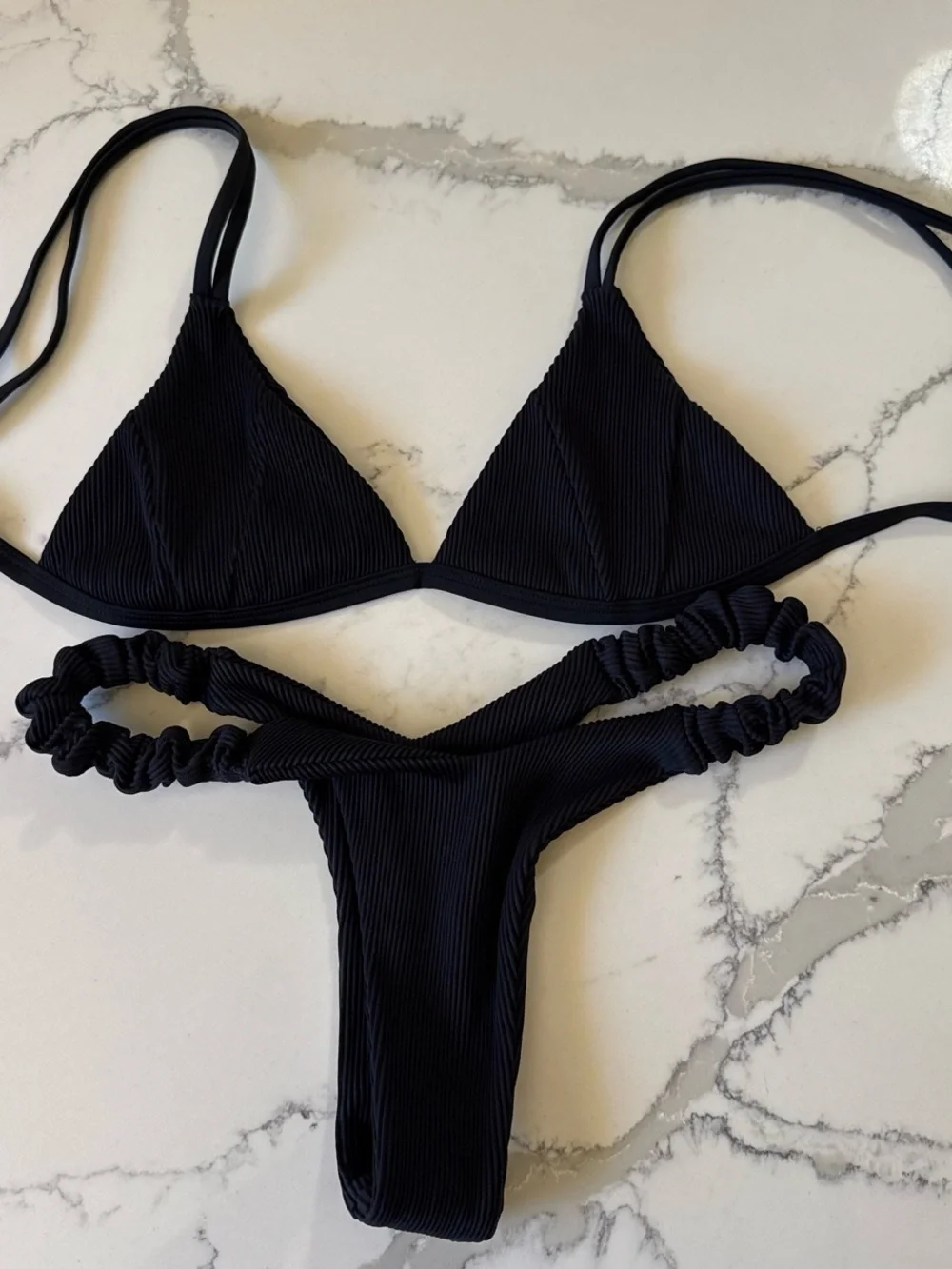Kulani kinis Black bikini set with ribbed and scrunch detail cheeky thong S